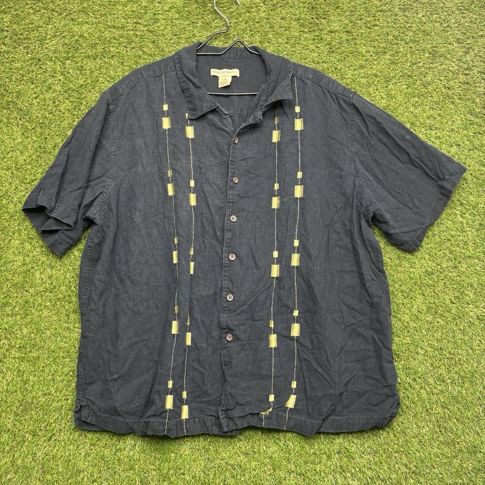 Island Passport Hawaiian Shirt Mens 2XL Black Textured Stripe Camp Button Up